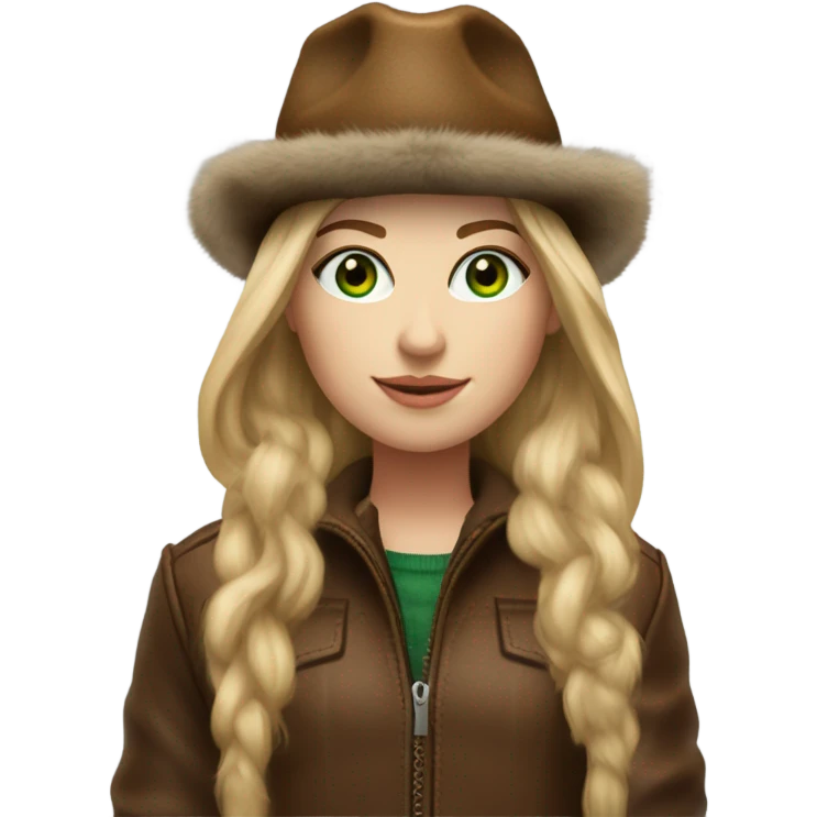 Realistic White girl with Long straight blonde hair, green eyes, tattoos, full body wearing Brown fur coat and fur hat and Brown leather boots emoji