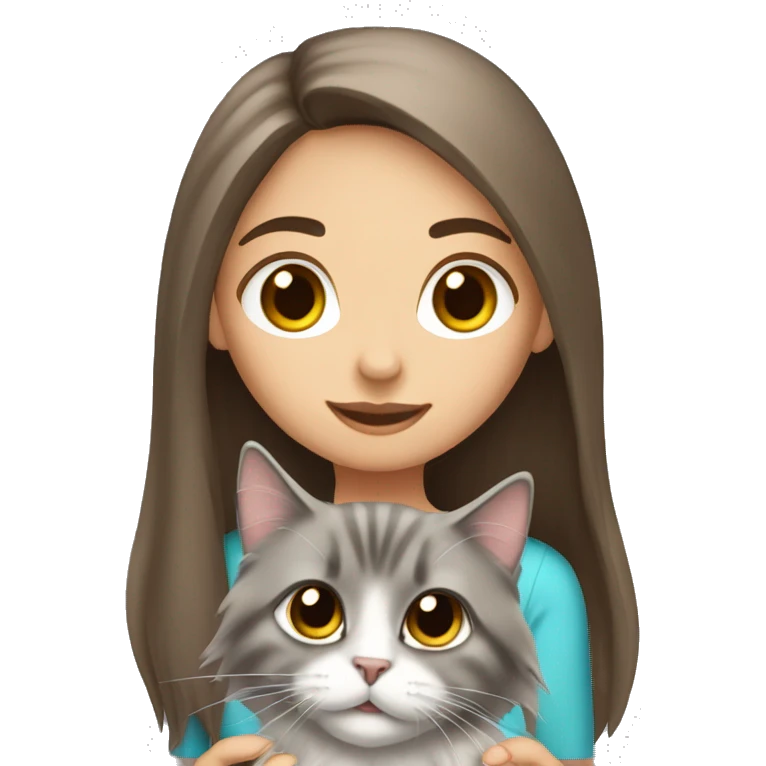 Brown straight hair girl with holding fluffy Siberian gray cat  emoji