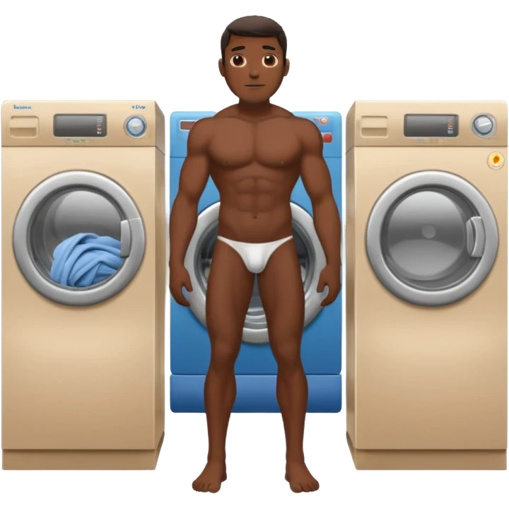 full view of a naked muscular dark skin man in a laundromat with penis  emoji