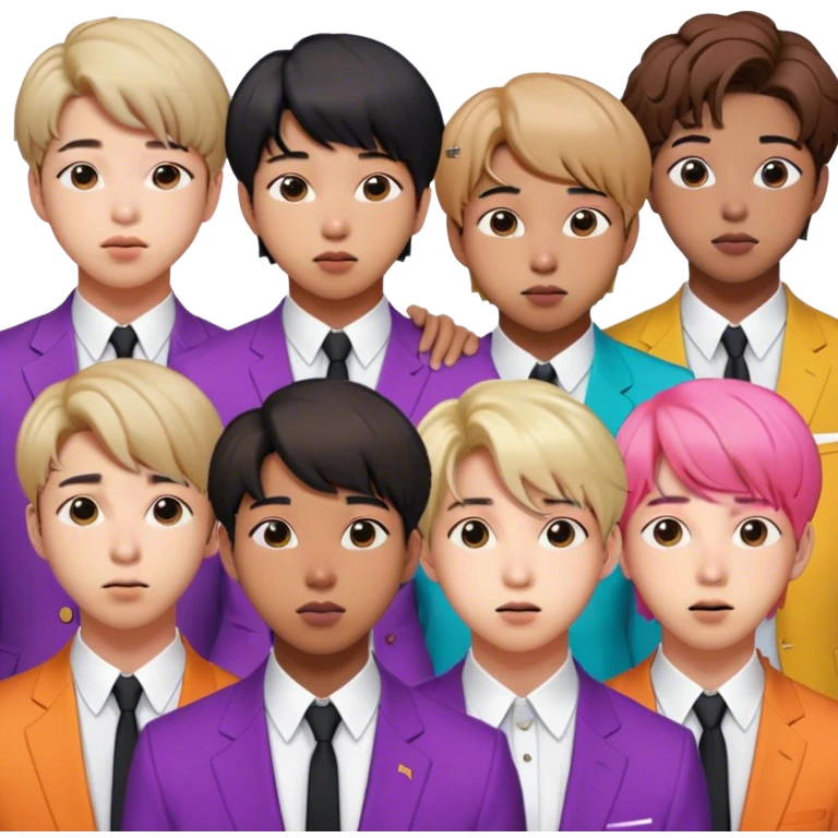 Cinematic Realistic group portrait of BTS featuring all 7 members in stylish modern attire, with detailed facial expressions and vibrant colors, captured in dynamic, contemporary lighting that emphasizes their global pop icon status emoji