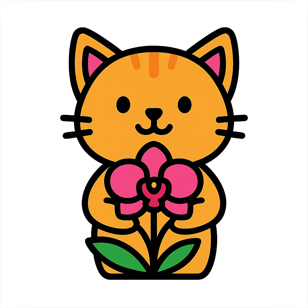 cat holding an orchid, lineal color icon with black outlines emoji