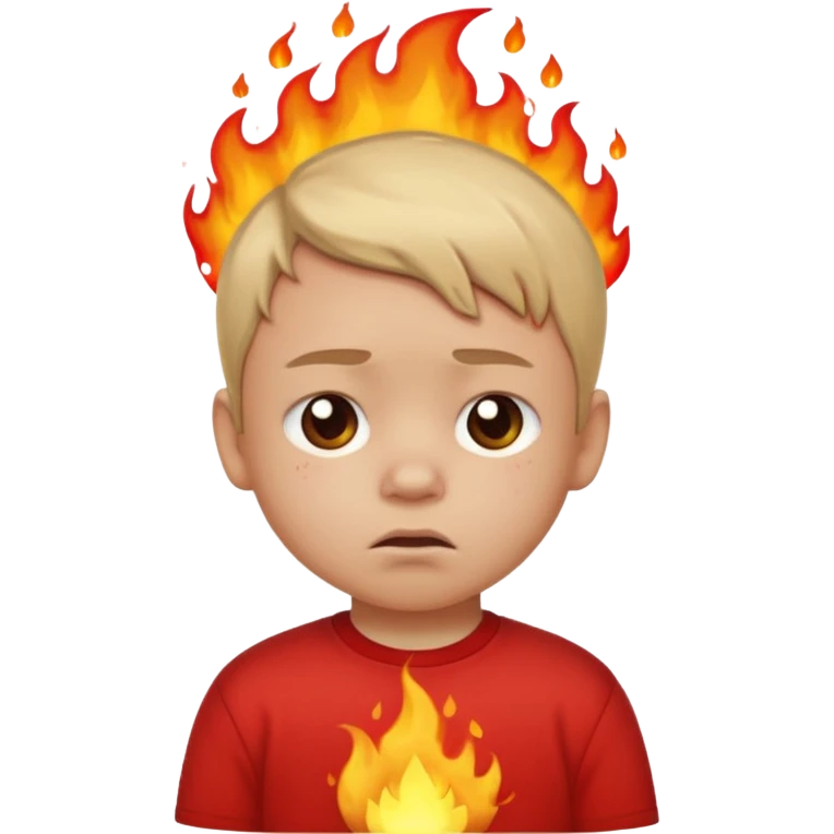 small child sitting sad with flames and burning street behind, apple style emoji emoji