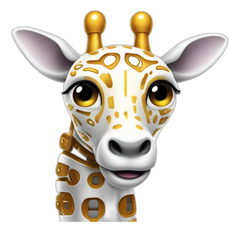Una girafa robotica con patrones de circuitos brillantes en su piel, piernas con juntas móviles y piezas de metal relucientes emoji