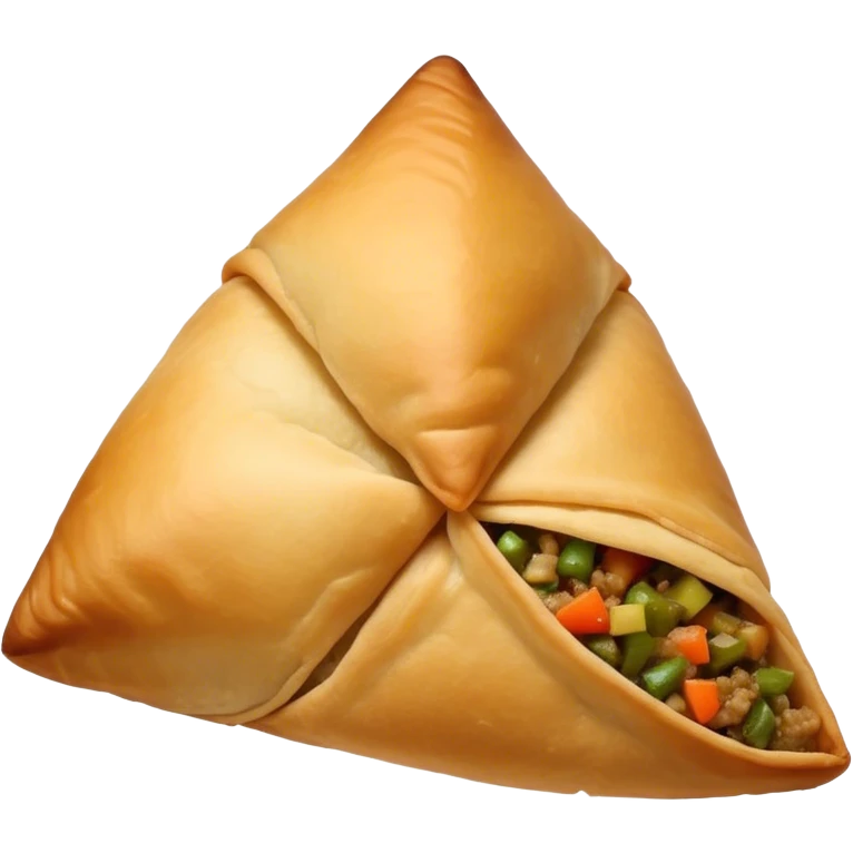 Samosa Cinematic Realistic Samosa Snack Emoji, depicted as a crispy, golden triangular pastry filled with spiced vegetables or meat, rendered with rich textures and vibrant, appetizing lighting. emoji