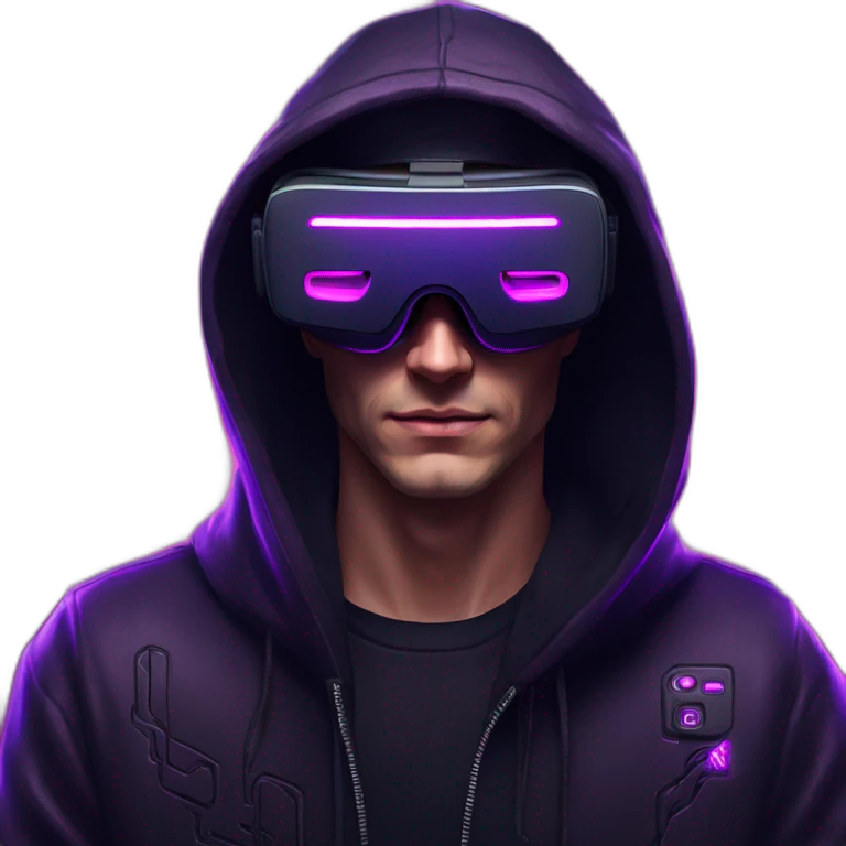 Russian man wearing a black hoodie with "OMG" letters on it and VR headset in a cyberpunk VR environment with violet neon lighting. emoji