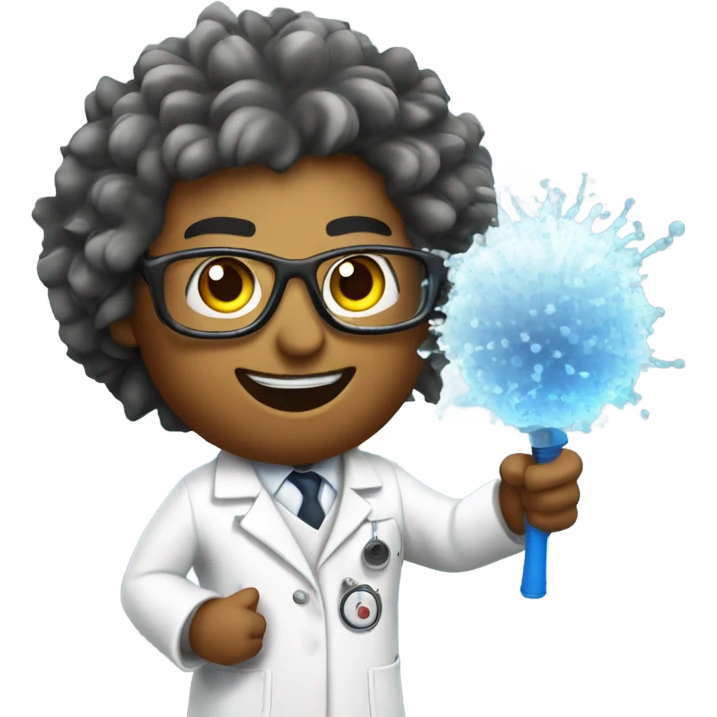 cartoon scientist with wild hair, wearing a lab coat and goggles holding a baseball hitting spray chart emoji