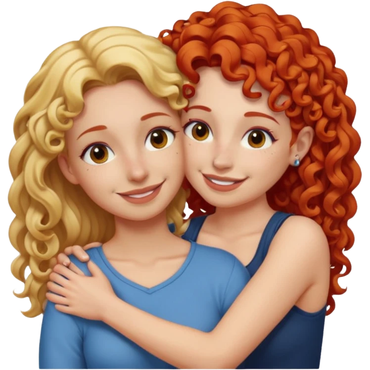 A woman with straight, blonde hair and a nose piercing and a woman with curly red hair and a nose piercing are hugging and smiling together. emoji