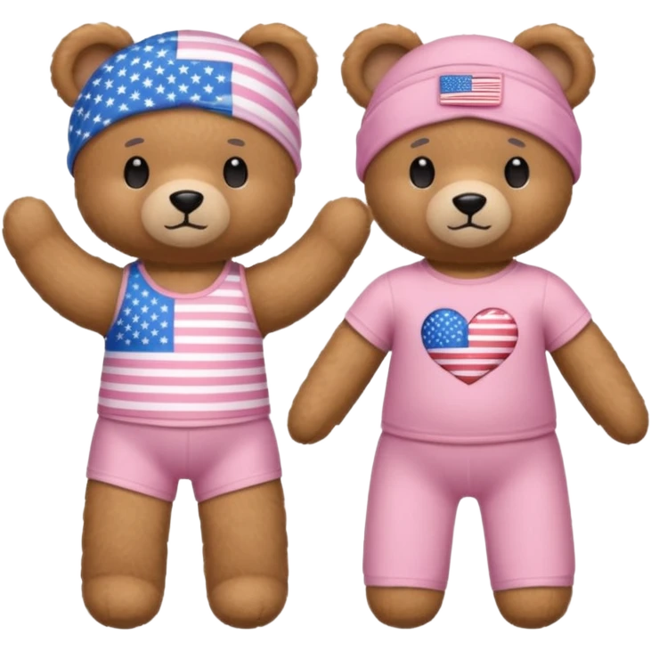 A light brown teddy bear wearing light pink clothes with a US flag print, and another with a Pilates band on its head and wearing sportswear. emoji