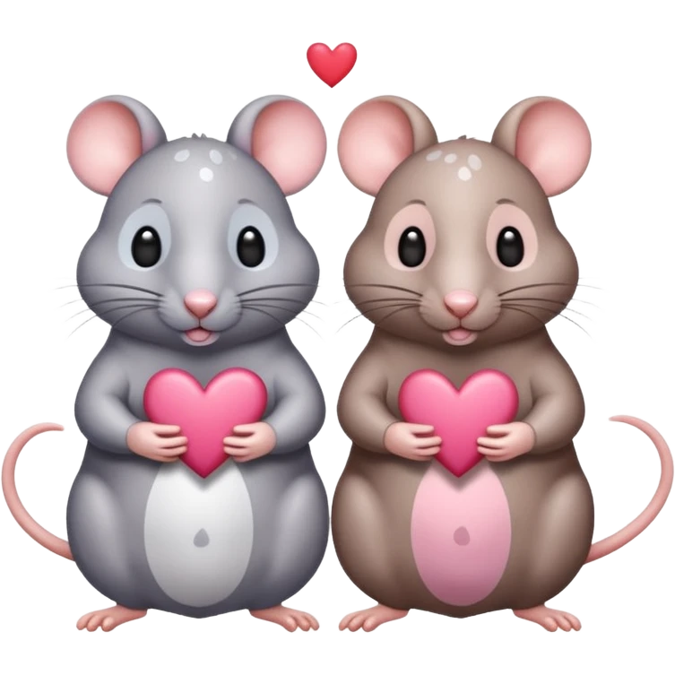 two fat little rats holding hearts one grey with white spots the other rat warm brown without spots emoji