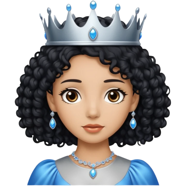 Por favor hazme el emoji de la princesa pero con piel canela con el pelo negro y rizado, los ojos marrones y la corona plateada con jollas azules emoji