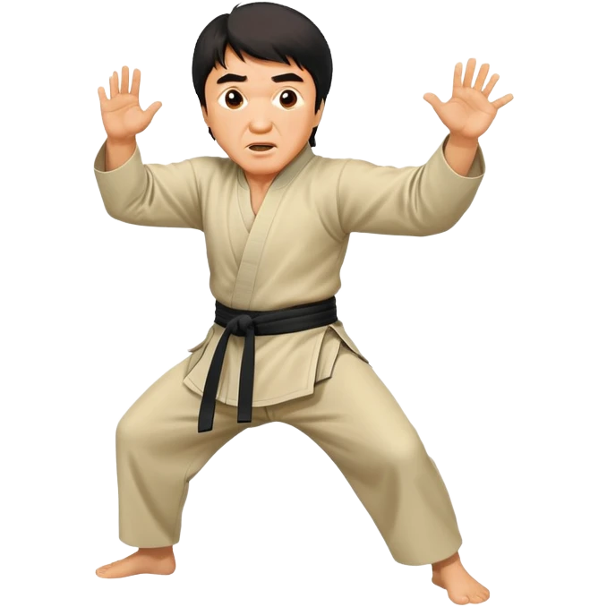 Jackie Chan in kung fu pose with his classic surprised expression, martial arts stance emoji