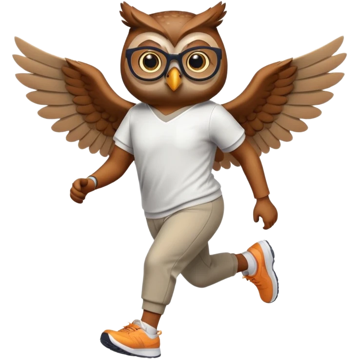 friendly anthropomorphised owl with visible wings, in pants and a shirt, wearing glasses, jogging upright, relaxed pose emoji