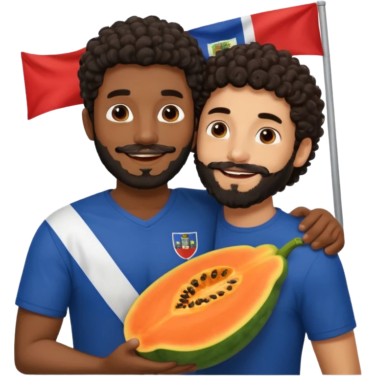 A very happy papaya hugging a medium dark skinned man with dark curly hair with a beard and Dominican flag behind them emoji