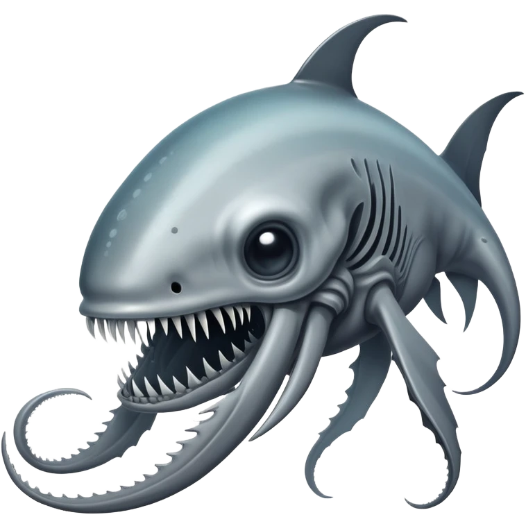 Sad Reaper Leviathan from Subnautica game, fearsome underwater creature with long mandibles, looking sad emoji
