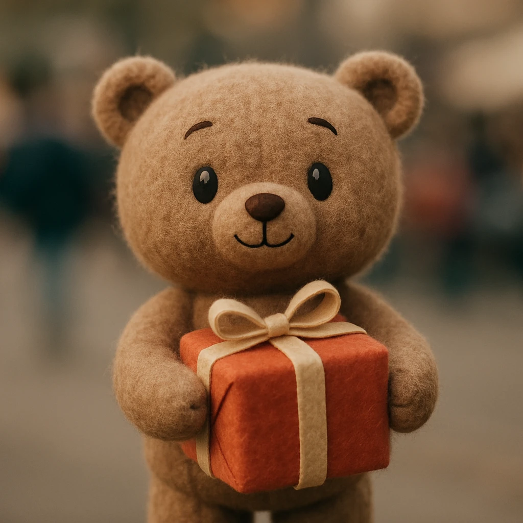 a plush toy holding a present in plush portrait style emoji