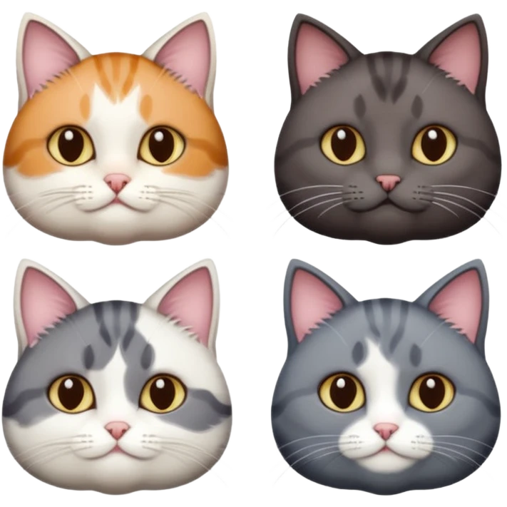 4 different coloured short haired cats including; a dark brown and white cat, and a dark grey and white  emoji
