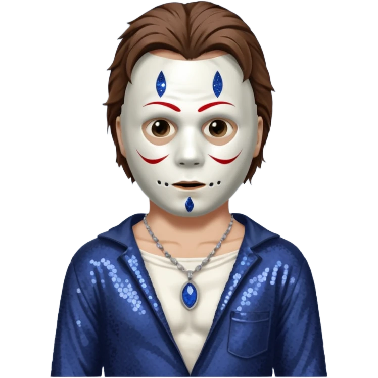 Michael Myers with white mask with brown hair, indigo sequin baggy pants, shirtless with necklace emoji