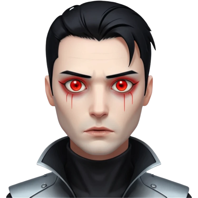 Cyberpunk man, slicked hair, silver metal jaw prosthetic, glowing red eyes, cold expression, clinical lighting emoji