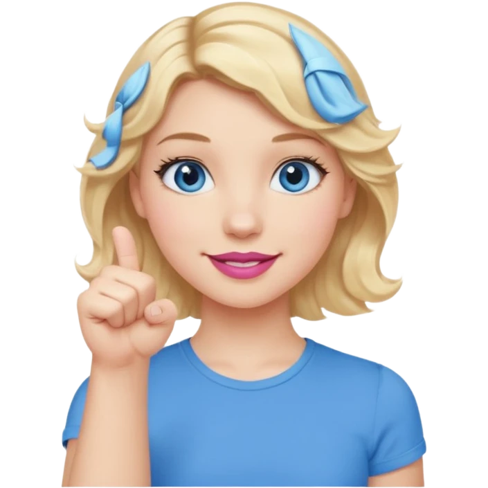 Girl Blonde short wavy hair,  blue eyes, cute blue top, long lashes, pink lips, smiling, 👊🏻 emoji