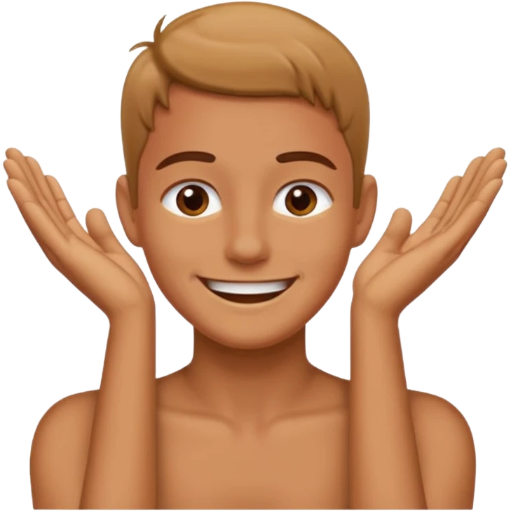 Person grabbing their neck with two hands while smiling emoji