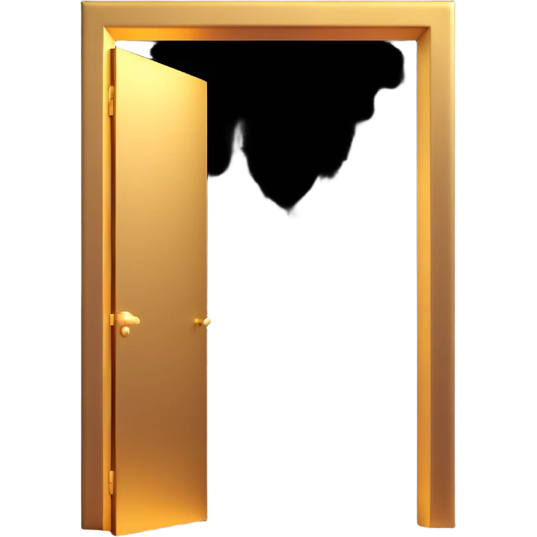 3D emoji style, black room with a golden door slightly open. Massive white light beam and radiant glow streaming out. Light visibly cutting through darkness. No background. emoji