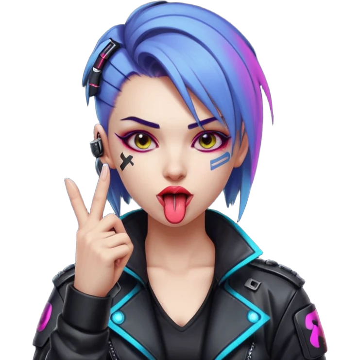 Woman with her tongue out in cyberpunk clothing and giving the middle finger. Looking naughty. emoji