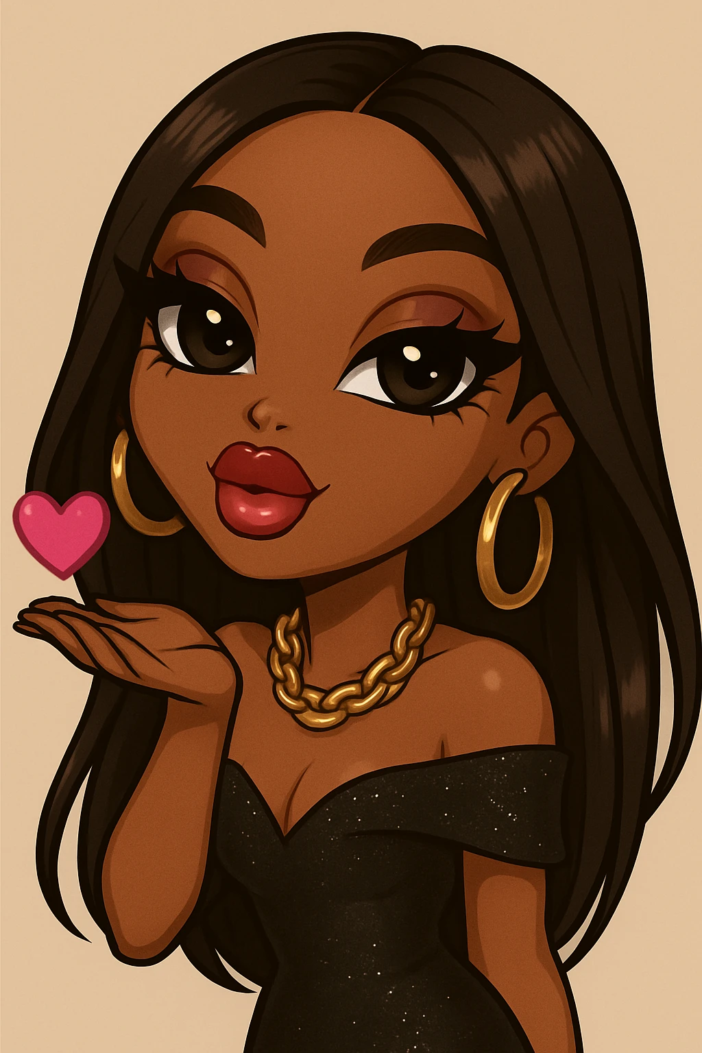Change the pose to blowing a kiss, headshot only, keep her as a 20-year-old anime Bratz style woman with dark skin, dark hair, glamorous evening wear, big expressive eyes, glossy lips, and a happy expression. No tears. emoji