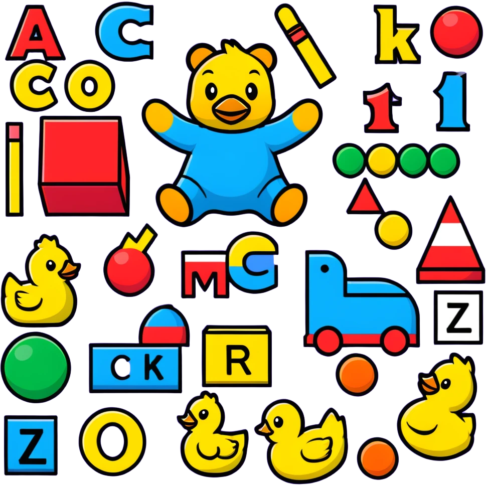 playroom floor with scattered toys - plush teddy, rubber duck, alphabet blocks, bouncy ball, action figures emoji