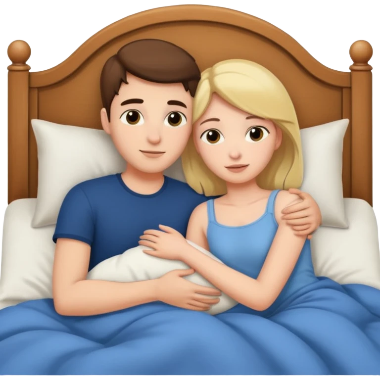 A woman and a young man are lying in bed and cuddling with each other. emoji