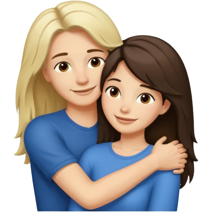 A happy boyfriend and girlfriend hug. She is brunette sexy with long hair. He is blonde short hair emoji