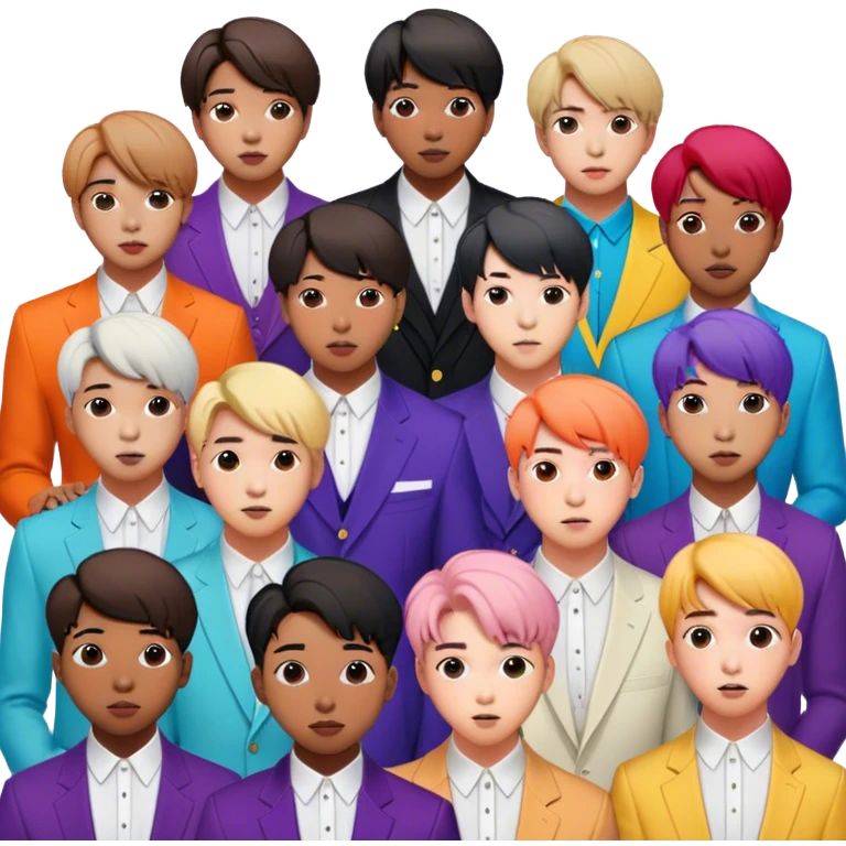 Cinematic Realistic group portrait of BTS featuring all 7 members in stylish modern attire, with detailed facial expressions and vibrant colors, captured in dynamic, contemporary lighting that emphasizes their global pop icon status emoji