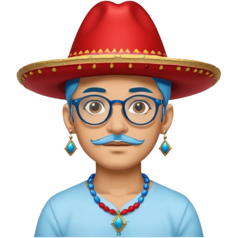 unique looking tourist with big unique red tourist sombrero and earrings, man with lots of tattoes and spectacles, blue hair showing emoji
