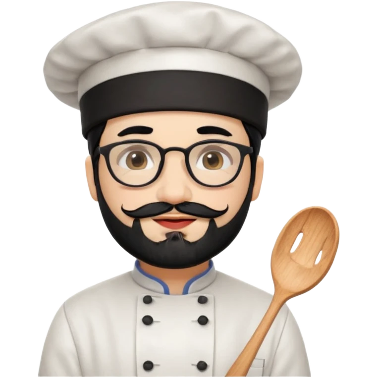 CHEF CON PIEL BLANCA, GORRO DE CHEF, PELO NEGRO Y BARBA NEGRA, OJOS MARRON OSCURO Y GAFAS DE PASTA NEGRAS. SONRIE Y TIENE MARCAS DE BESOS CON FORMA DE LABIOS EN LAS MEJILLAS (COMO MANCHAS DE PINTALABIOS) emoji