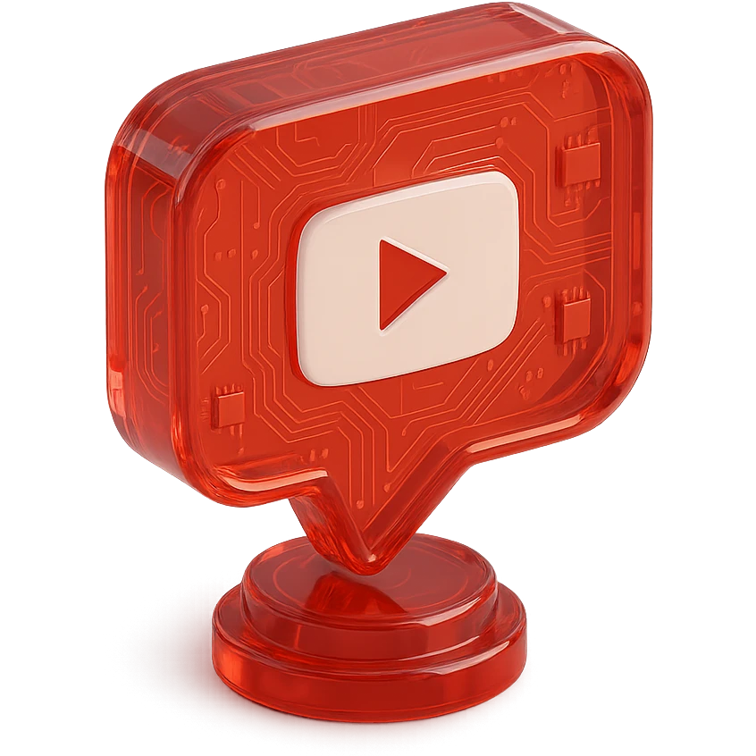 red speech bubble with a red YouTube white play button, like a trophy, glossy circuit style emoji