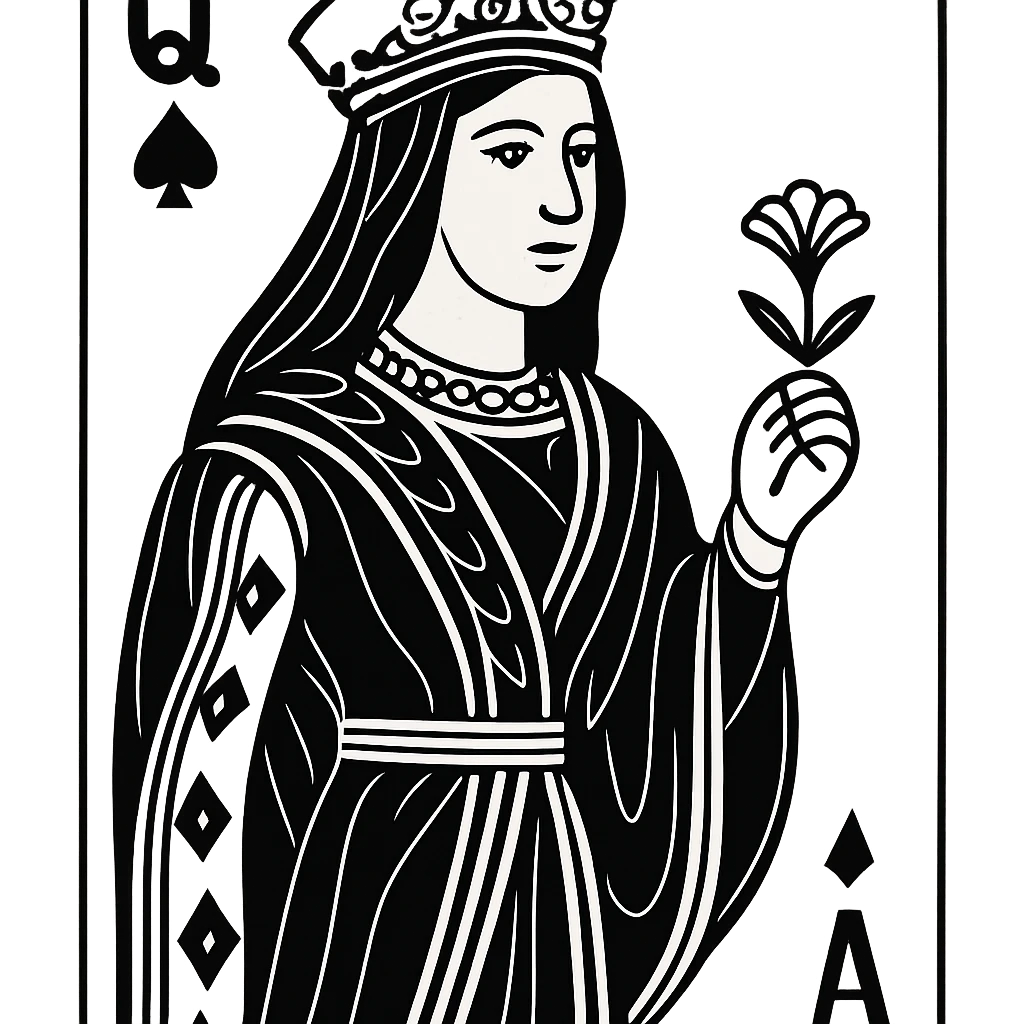 An elegant queen playing card character with detailed crown and flowing robes, holding a flower in her hand emoji