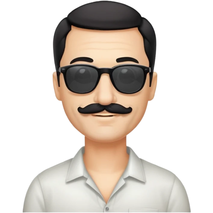 đàn ông 50 tuổi, da trắng, có râu ria đen. đeo kính đen, tóc đen ngắn, cười mỉm emoji