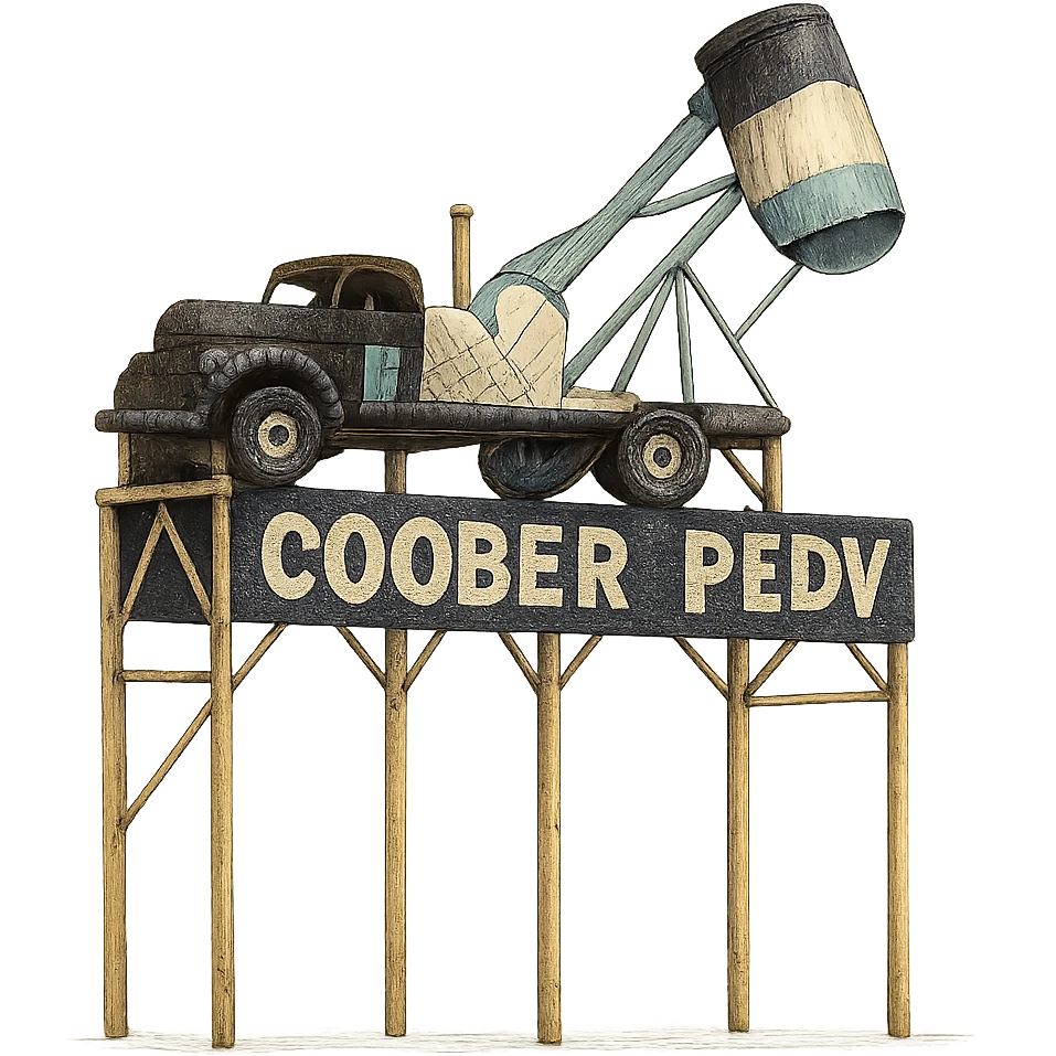 Такая же картинка с надписью Coober Pedy в слегка рисованном, но при этом объёмном стиле, прозрачный фон emoji