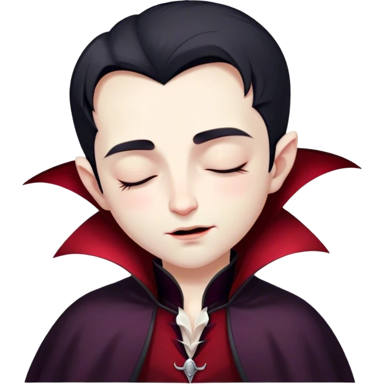 Meme-Worthy Cute Sleeping Vampire Portrait Emoji, with a refined, small, pale face softened by closed, serene eyes and a slight, peaceful smile, adorned in miniature elegant dark attire with a hint of fading crimson, simplified yet irresistibly adorable, highly detailed with a soft ethereal outline that captures the drowsy charm of a vampire in quiet nighttime slumber! emoji