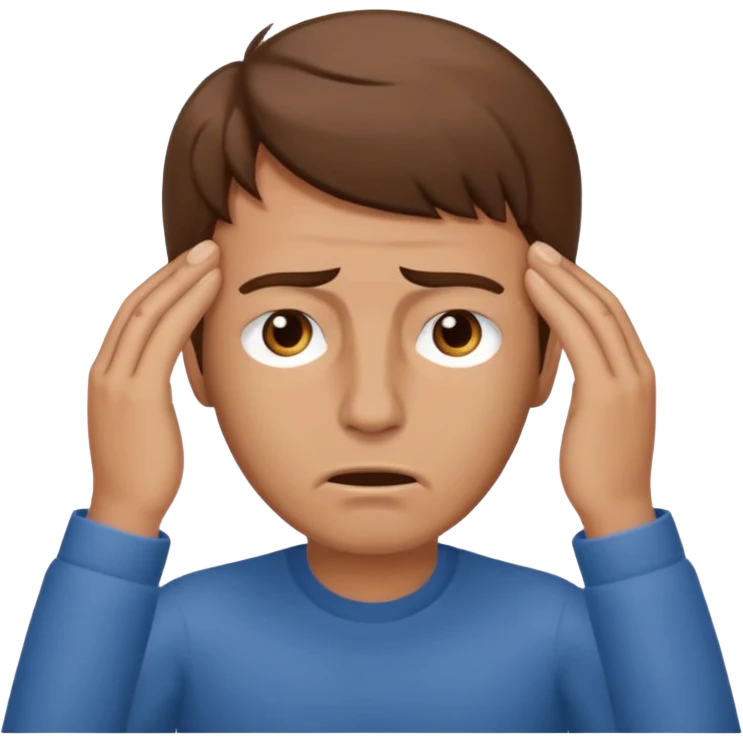  iOS emoji style - A stressed man stands and messages his temples. He has brown hair. Stress emoji