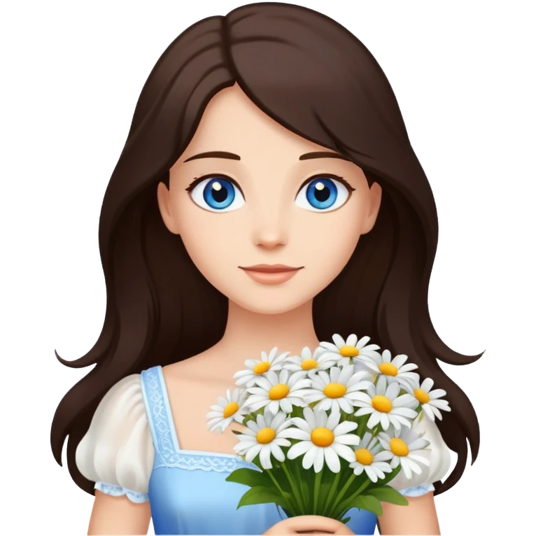 A lady stand with dark brown long hair and blue eyes, wearing a white dress, holds a bouquet of daisies.  emoji