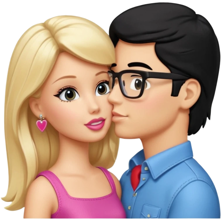 pretty blonde girl barbie kissing nerd with black hair and tan skin on the cheek emoji