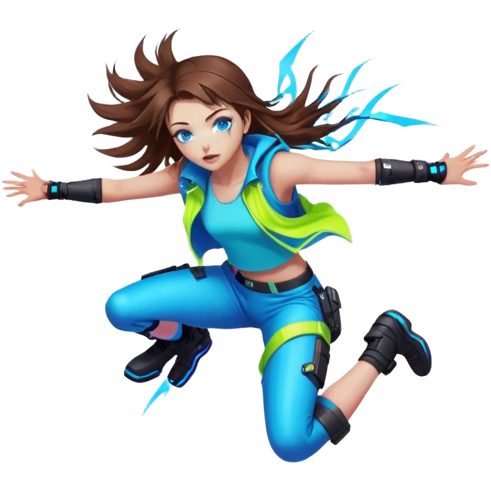 Neon cyberpunk style 
girl with brown hair and blue eyes 
falls emoji