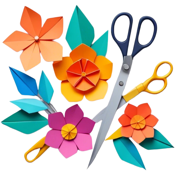 Paper crafting icon, colorful paper sheets, origami figures, 3D paper flowers, scissors and craft knife, minimalistic style, clean lines, transparent background. emoji