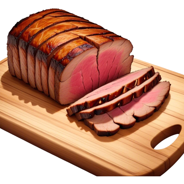 Cinematic smoked brisket, deep mahogany crust, perfectly sliced to reveal juicy marbled meat, warm smoky aroma, served on a wooden board, rich and flavorful, ultra-detailed and appetizing. emoji
