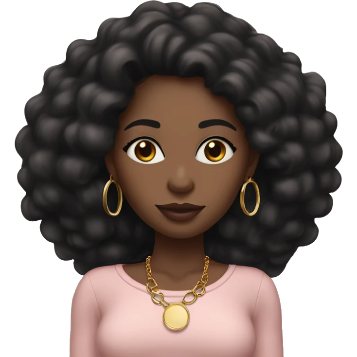 Black girl with long black straight hair and light pink lipstick with gold hoop earrings and and a gold necklace  emoji