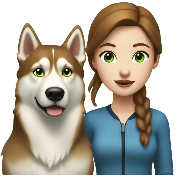 White Woman hair brown and bleus eyes and golden Husky With green eyes emoji
