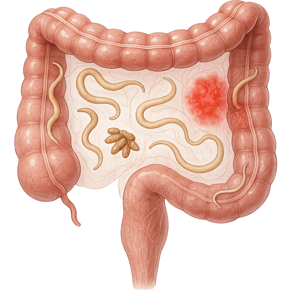 realistic image of human intestine, infographic style, transparent to show parasites and inflammation, anatomical details, white background emoji