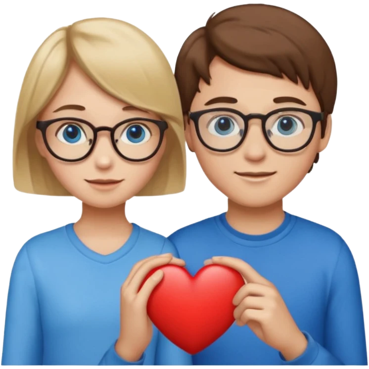 two young lovers, a heart in the middle, boy with brown hair and glasses, girl blonde with blue eyes without glasses, emoji style emoji