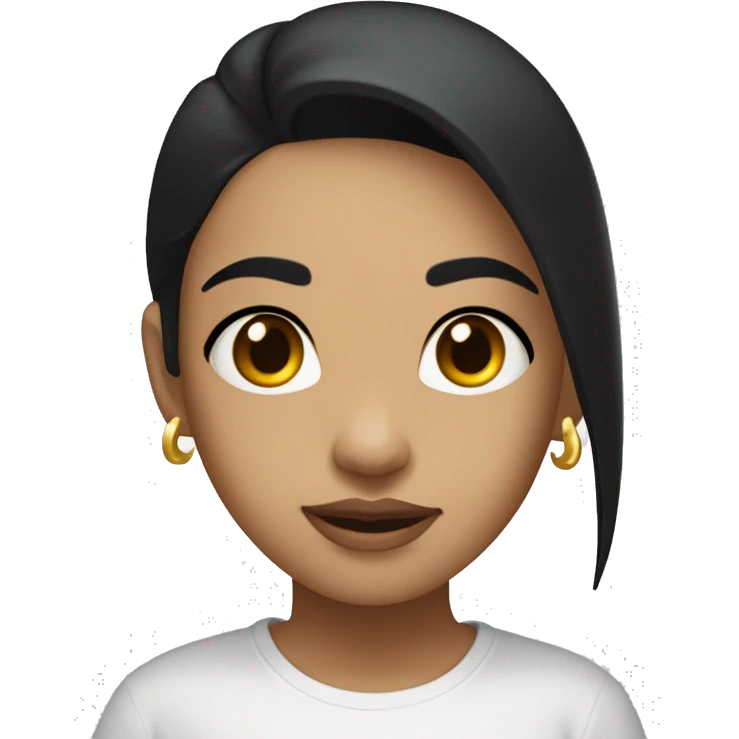 Midtomed girl with black hair and gold tilak  on her forehead with black flowing hair and wearing a white t-shirt with the words Crysis in American typeface font. emoji