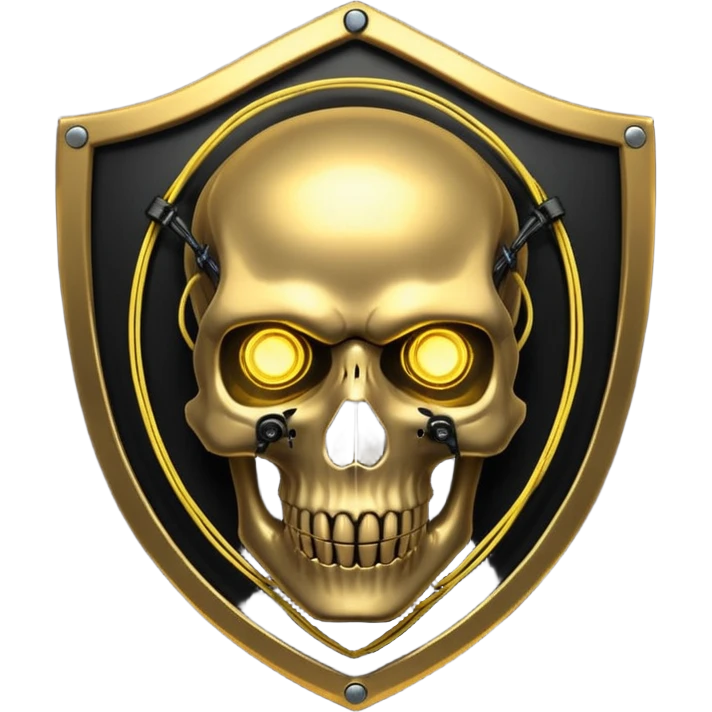 Cyberpunk shield, skull with cybernetic implants, glowing wires, dark electric gold and black tones, no background emoji